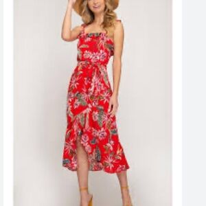 She + Sky Red Tropical Floral Midi Dress